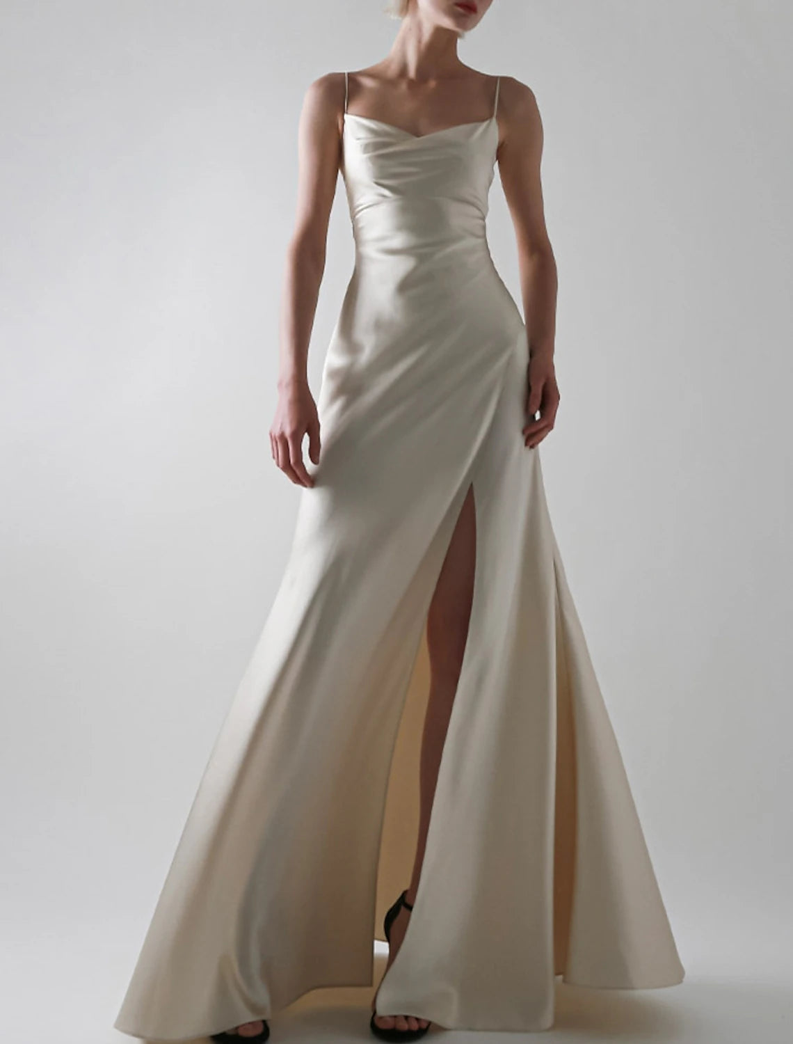 A-Line Evening Gown Sexy Dress Wedding Guest Prom Floor Length Sleeveless Spaghetti Strap Satin with Slit Pure Color 2025